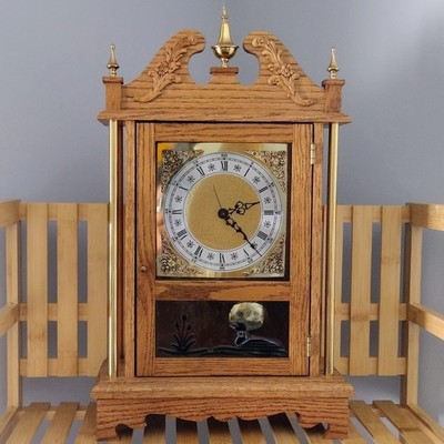Golden Oak Mantel Clock with Pendulum and Chime
