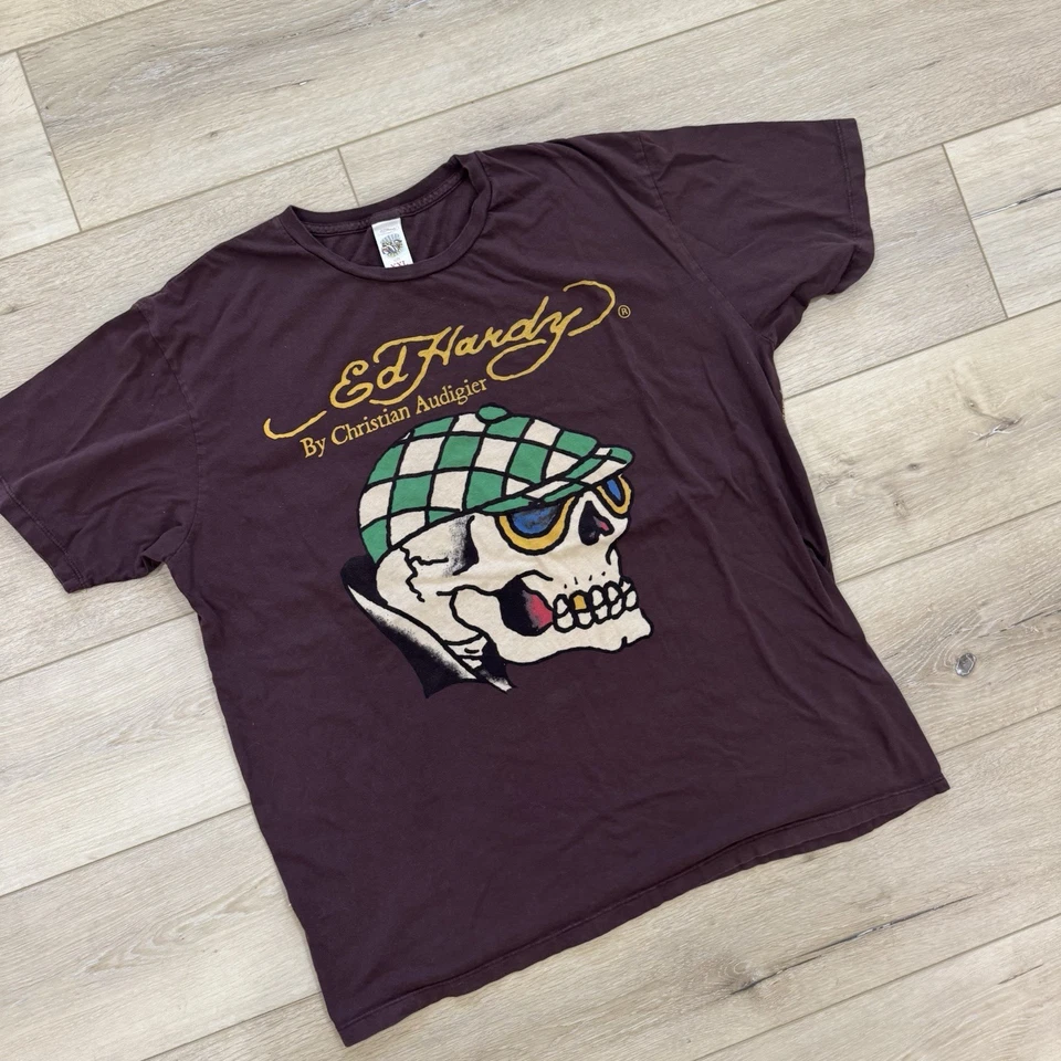 Ed Hardy 骷髅衬衫男式 XXL 棕色双面 Y2K Christian Audigier 美国 — 第 3/4 张图片