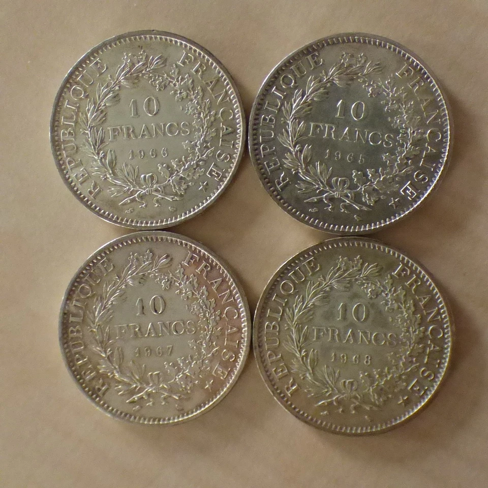 Lot de 4 pièces France 10 Francs Hercule 1965 à 1968 argent 90% (4*25g) sous zip - Photo 3/4
