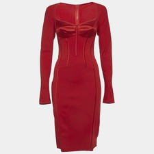 Dolce Gabbana Red Stretch Knit and Satin Long Sleeves Corset Dress S