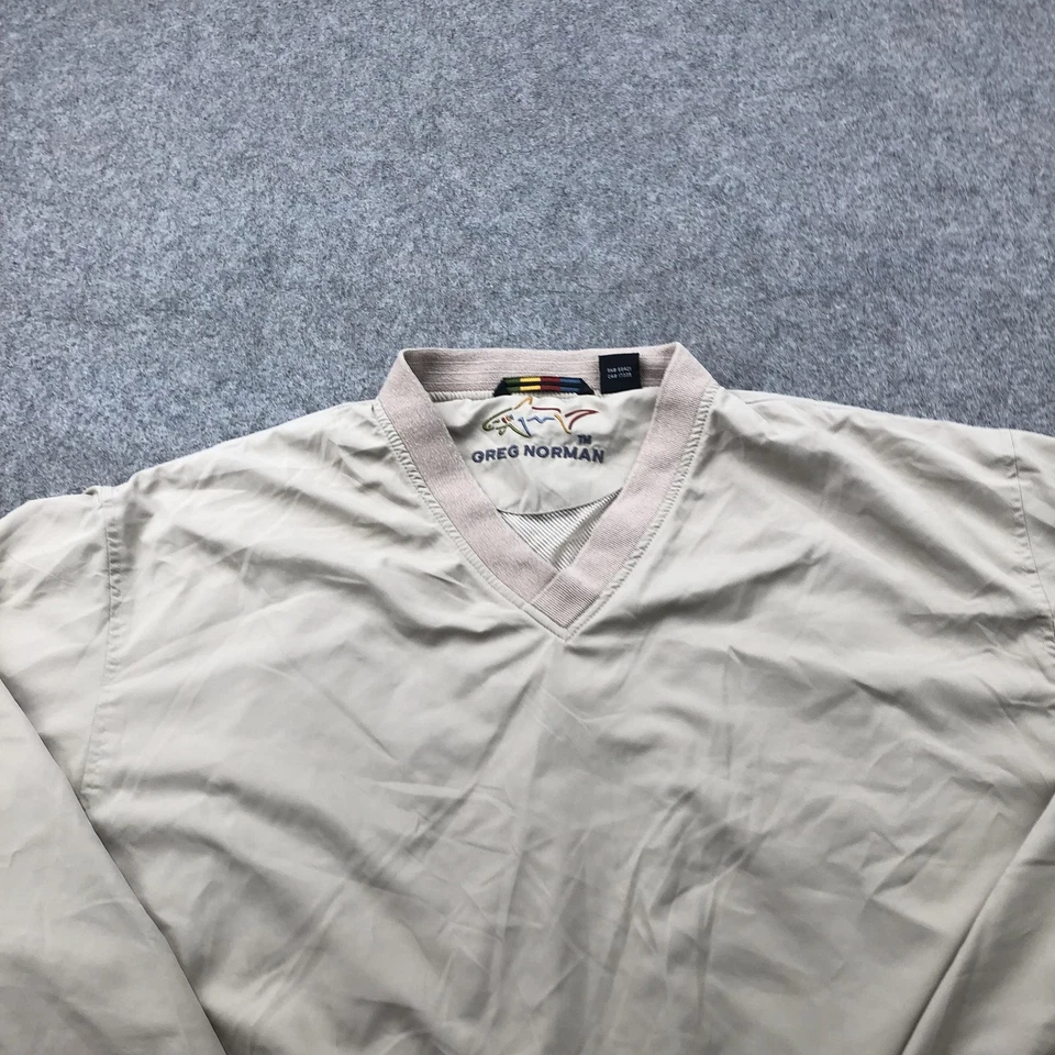 Chaqueta Pullover Greg Norman Para Hombres Grande Tostada Cuello en V Rompevientos Golf Logo de Tiburón Foto 4 de 4