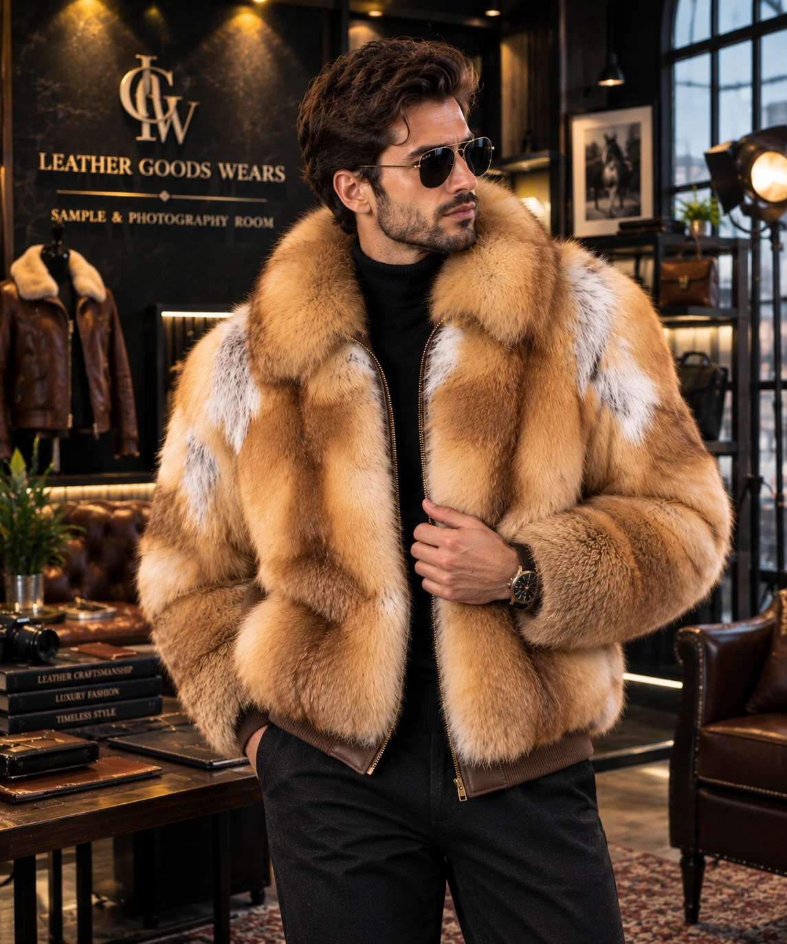 Men's Fox Fur Bomber Jacket Tan Brown Luxury Winter Coat Warm Classic Fur Jacket - product detail image 1