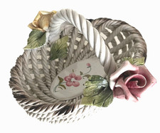 Antique Vintage Capodimonte Porcelain Flower Roses Small Basket - Made in ITALY