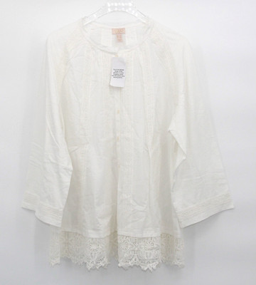LOGO Lavish By Lori Goldstein Ivory Woven Button Front Top W/ Lace Trim 1X New