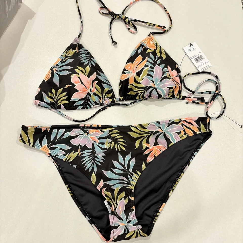 NUEVO CON ETIQUETAS BILLABONG BEACH BABE TRI BIKINI CONJUNTO NEGRO FLORAL SUPERIOR E INFERIOR TALLA XL Foto 2 de 4