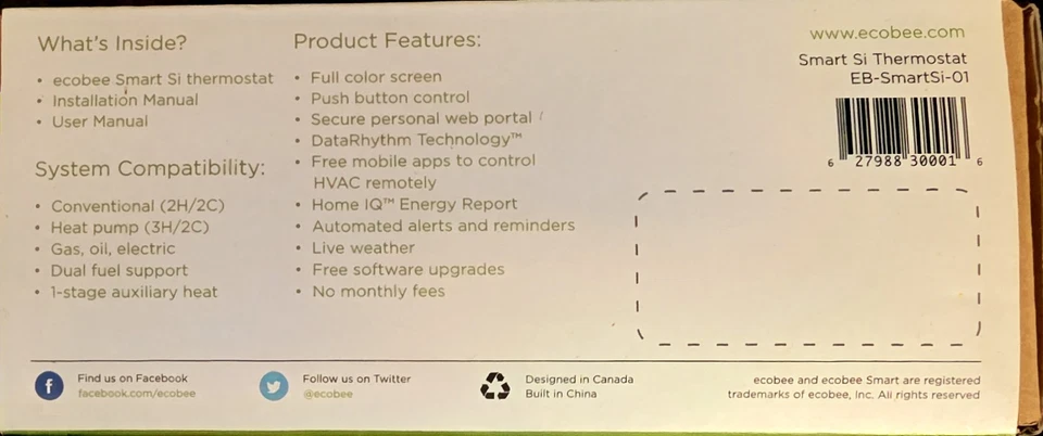 Brand New Sealed Ecobee Smart Si Wi-Fi Thermostat (EB-SmartSi-01) Color Screen - Image 2 of 4