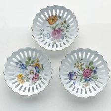 Vintage Reutter Porcelain Germany | Trio of Small Gold-Rimmed Floral Plates 3"