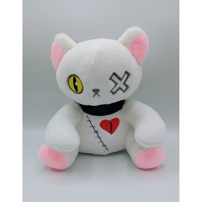 9'' Sitting Dark Emo Kitten WHITE Plush Gothic Cursed Heart Kitty Cat B4