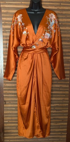 ASOS Sz 14 Orange Satin Wrap Front Kimono Midi Dress Asian Floral Crane 90s Y2K