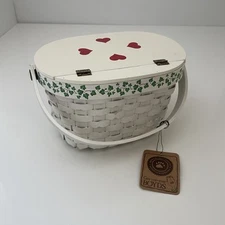 Boyd’s Bears Collection Woven Basket White Ivy Heart Hinge Lid RARE - 8.5” Wide