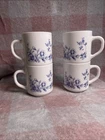 4 VTG Arcopal France Glenwood white glass coffee mugs with blue floral design
