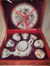 Vintage Chinese 9 Piece Miniature Tea Set in Red Silk Box