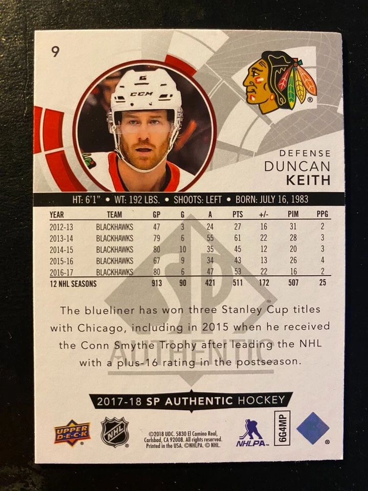 Duncan Keith 2017-18 SP Authentic Hockey Upper Deck #9 Chicago Blackhawks - Image 2 of 2