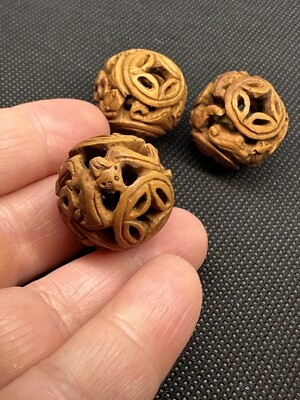 One Vintage Asian Carved Wooden Bead Coins And Bats 22mm Round Detailed Treasure