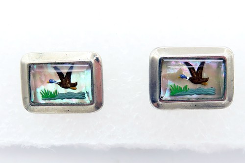 VINTAGE JAGD FLIEGENDE ENTEN RÜCKSEITENMALEREI UNTER GLAS KRAWATTENSCHLIESSE & MANSCHETTENKNÖPFE - Bild 2 von 4