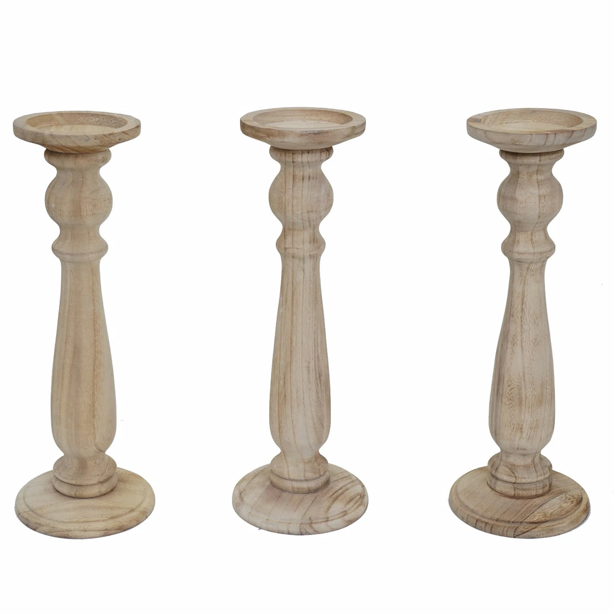 Set 3 Portacandele Per Candele A Colonna In Legno Di Pino Bianco Antico | Altezze 30.5, 22.9, 15.2 Cm | Rustico Con Tazza In Ferro E Base In Feltro
