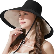 7" Women's Wide Brim Sun Hat, Large Foldable UV X-Large, Black/White