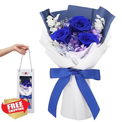 SofLiv Preserved Blue Roses Flower Bouquet Gift for Women Mom