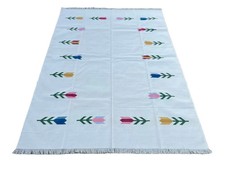 Handmade Natural Cotton Dhurrie, Kilim Rug Color Flower Design Carpet Rug