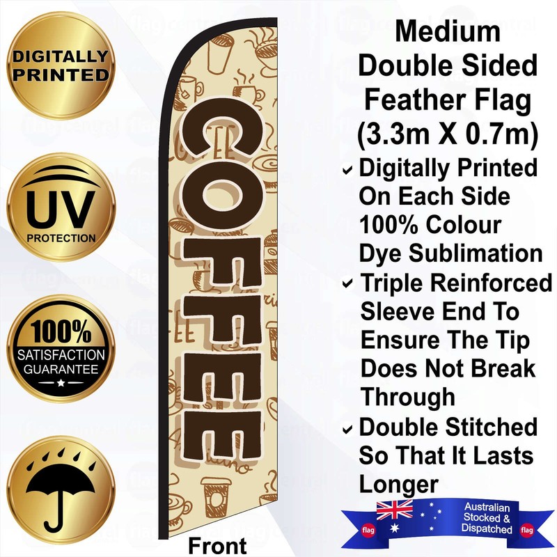 F - COFFEE Cream 4m Feather Flag / Banner Kit with Pole Set, Galvanised Steel Ground Spike, Steel Outdoor Cross Base, Free 15kg Water Bag and a Free Carry Bag - 1