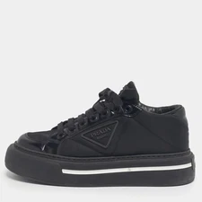 Prada Black Leather And Nylon Deri Erkek Lace Up Sneakers Size 405