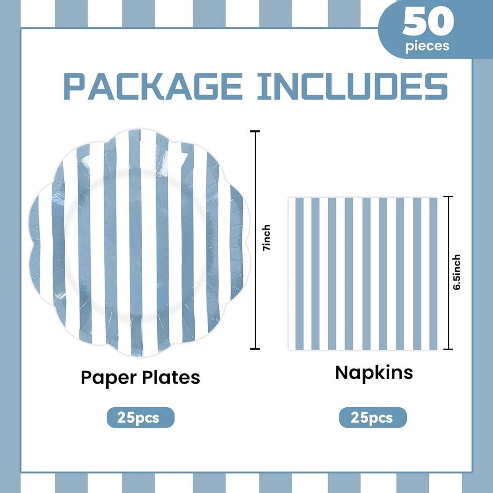 50 PIEZAS Platos y servilletas de papel a rayas azules suministros de fiesta, escala azul y blanca Foto 2 de 4