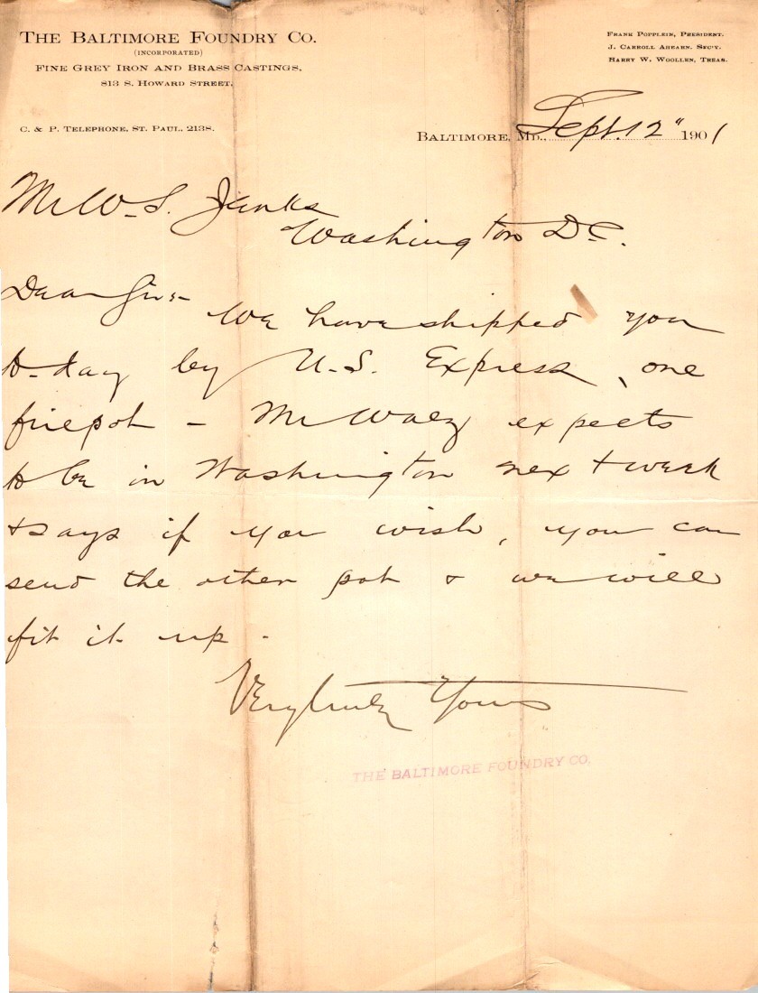 1901 Baltimore Foundry Co Letterhead Business Letter Iron Castings Shipment
