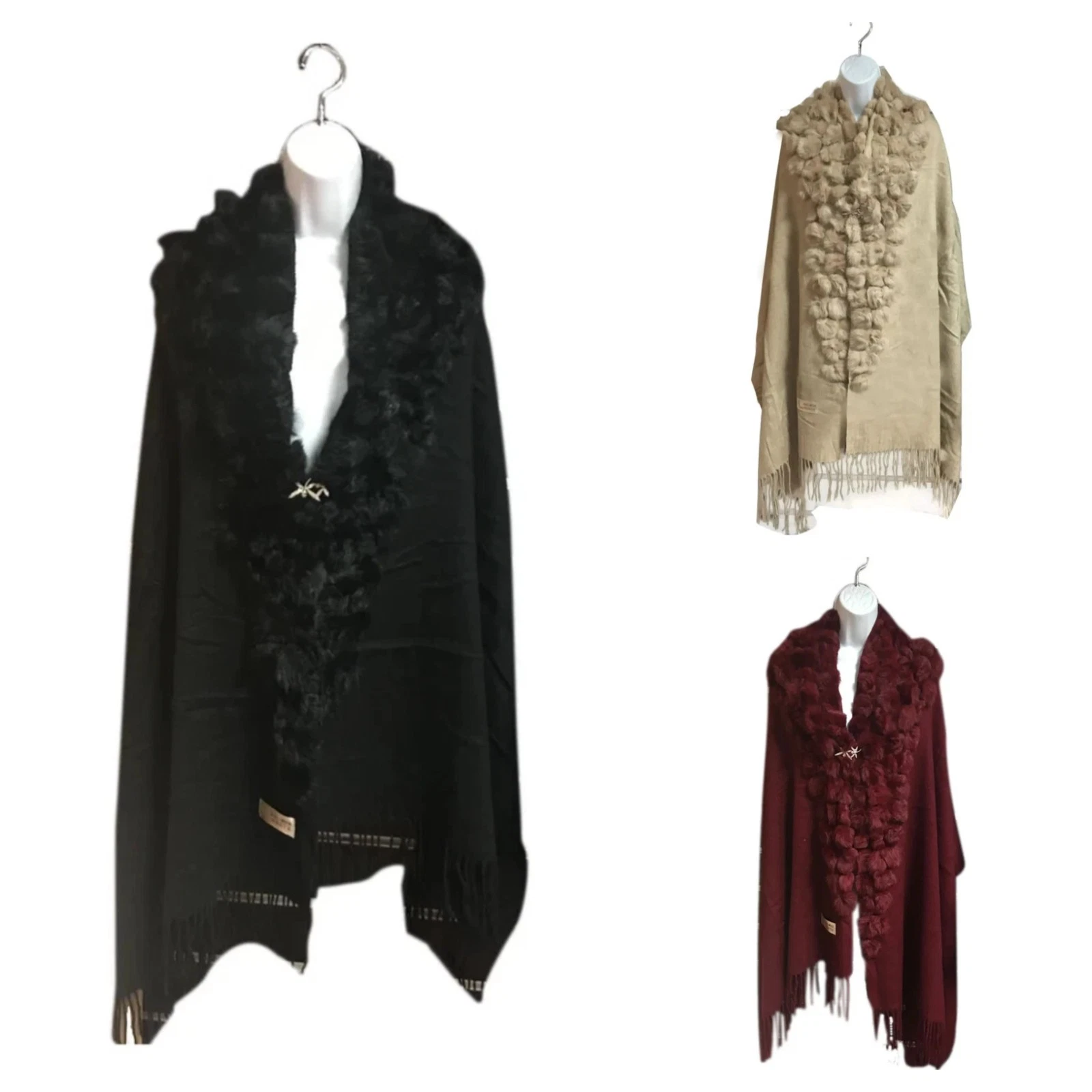 Women's Winter Warm Shawl Tassels Faux Fur Pom Pom Plain Ladies Shawl Wraps New