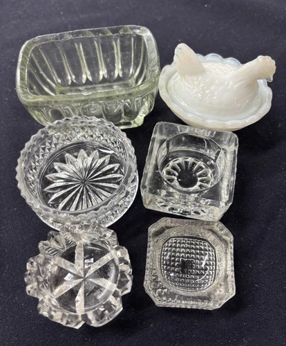 Lot 6 Vtg Antique Crystal Cut Glass Open Salt Cellars 1 Milk Glass Hen