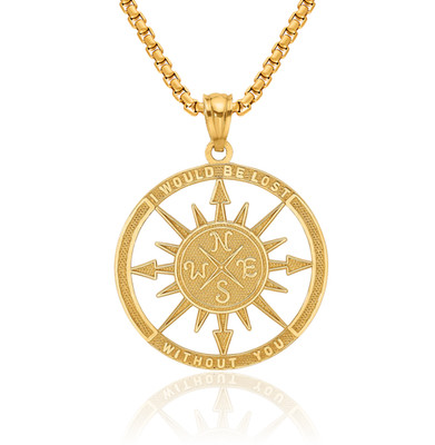 14K Solid Yellow Gold Lost Without You North Star Compass Necklace