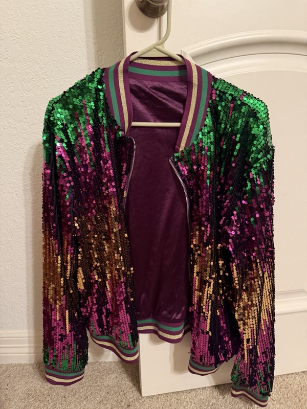 Mavikim Women's Mardi Gras Harlequin Tri-Color Sequin Bomber Jacket Size Large
