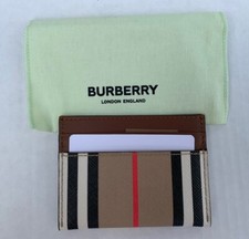 Burberry Taupe Brown Icon Stripe Leather Check Card Holder