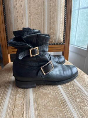 JIMMY CHOO BLACK LEATHER BIKER FUR LINED BOOTS MID HIGH WOMENS