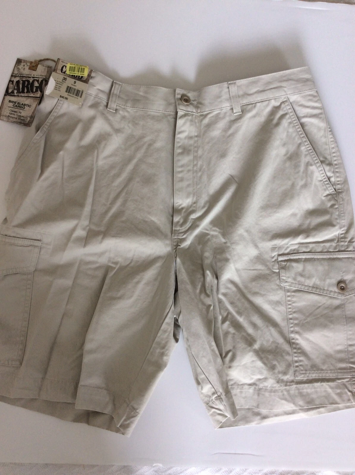 Men’s Rountree & Yorke Sz. 36 X 9 100% Cotton Side Elastic Cargo Shorts Khaki