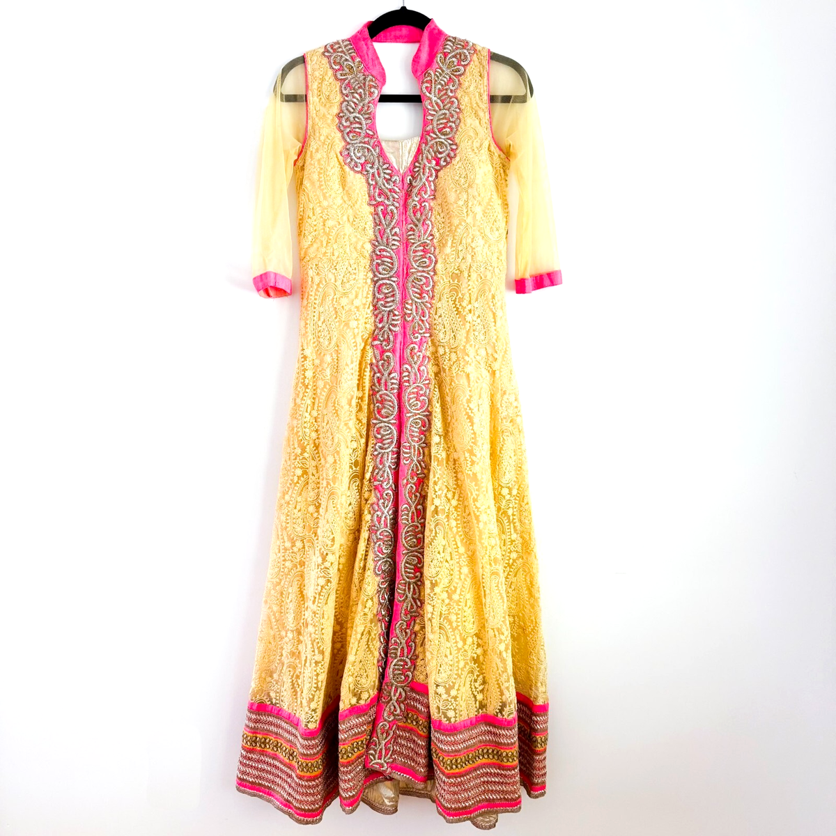 Neerus Indian Anarkali Long Dress Gown (L) US SMALL Yellow Pink