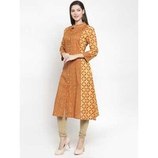 Cotton Kurta Women Long Party Wear India Traditional Look Brick Aline Printed