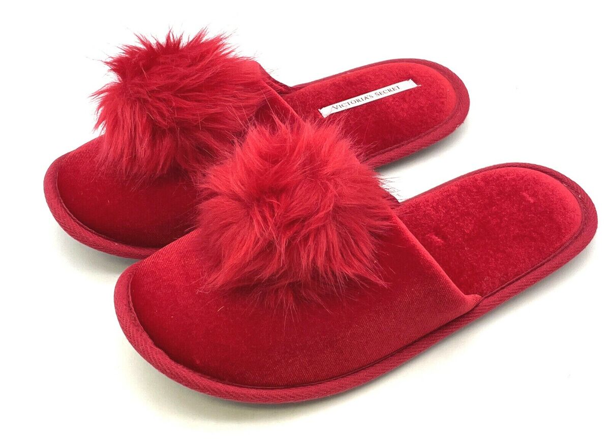 Victorias Secret Red Pom Pom Slippers M Medium 7-8 Slip On Slides