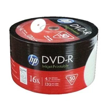 50-pk HP DVD-R White Inkjet Hub-Printable Discs - 16X 4.7GB 120mins White Matte