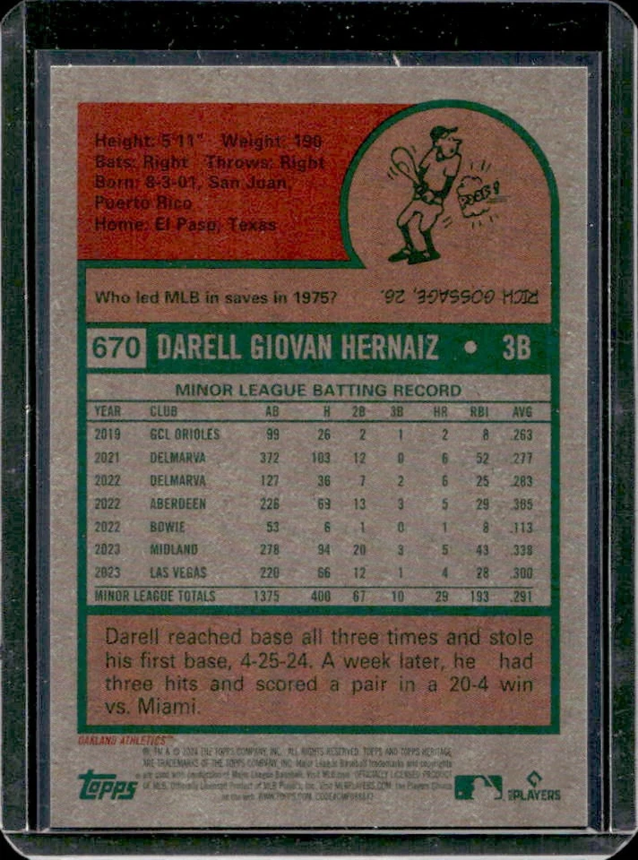 2024 Topps Heritage High Number Darell Hernaiz Chrome RC Rookie #/699 Athletics - Image 2 of 2