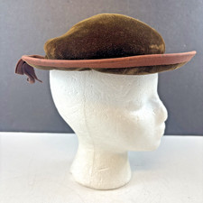 Vintage Ladies Brown Velvet Hat with Ribbon  Wire Brim 1940's-1950's Size 22