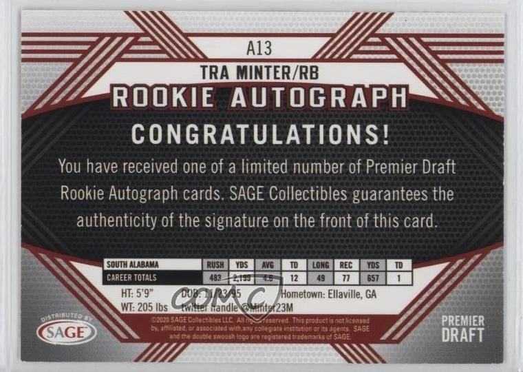 2020 Sage Hit Rookie Auto Tra Minter #A13 - Image 2 of 3