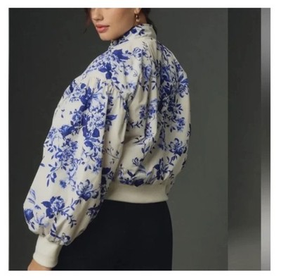anthropologie bomber jacket coat cropped blue floral flower 