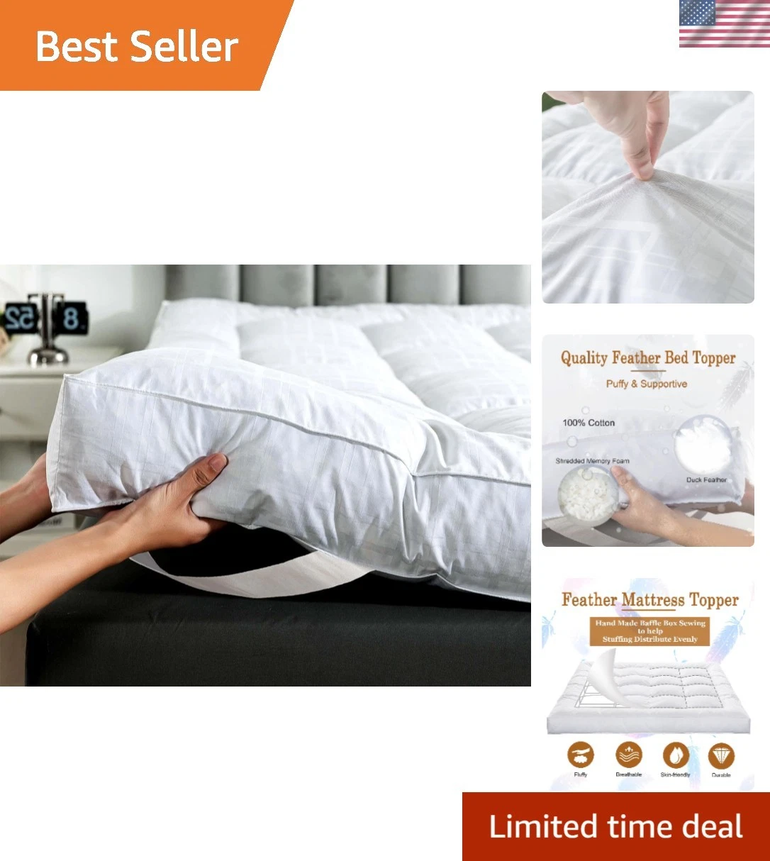 Queen 5 Inch Fluffy Cotton Mattress Topper with Breathable Duck Feather Filling