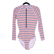 J.CREW Long-Sleeve One-Piece Swimsuit Multistripe Half Zip Rash Guard Women's 8