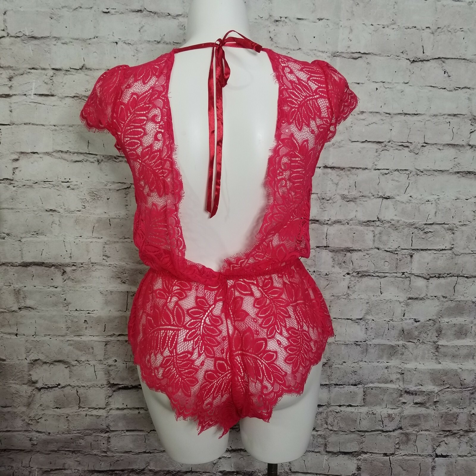 Seven 'til Midnight Red Lace Lingerie Bodysuit L One Piece Sheer Stretch Sexy image 5