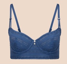Blue Lace Balconette Bra Sheer Adjustable Straps for Women