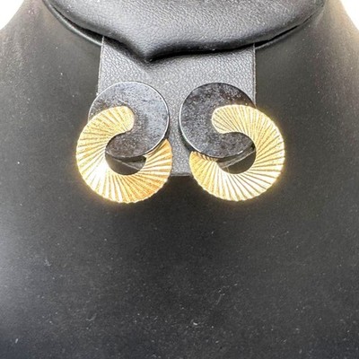 Peter Brams Design MCM Signed 14K Gold Black Onyx Modernist Swirl Rings Earrings