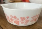 Vintage Pyrex 472 Pink Gooseberry Print on White 1  1/2 Pint  Casserole