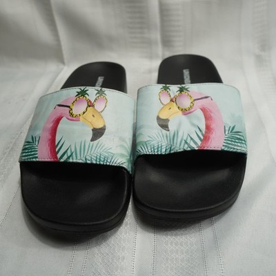 Unionbay Sandals Womens one size Black Aqua Flamingo Slide Shoes Pool Tropical