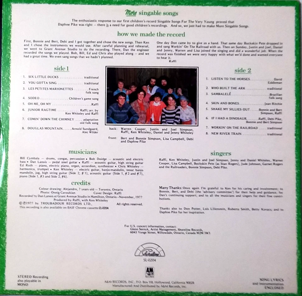 RAFFI- More Singable Songs- Vinyl LP- Shoreline- 1977-ORIG LYRIC SLEEVE & INSERT - Image 3 of 4